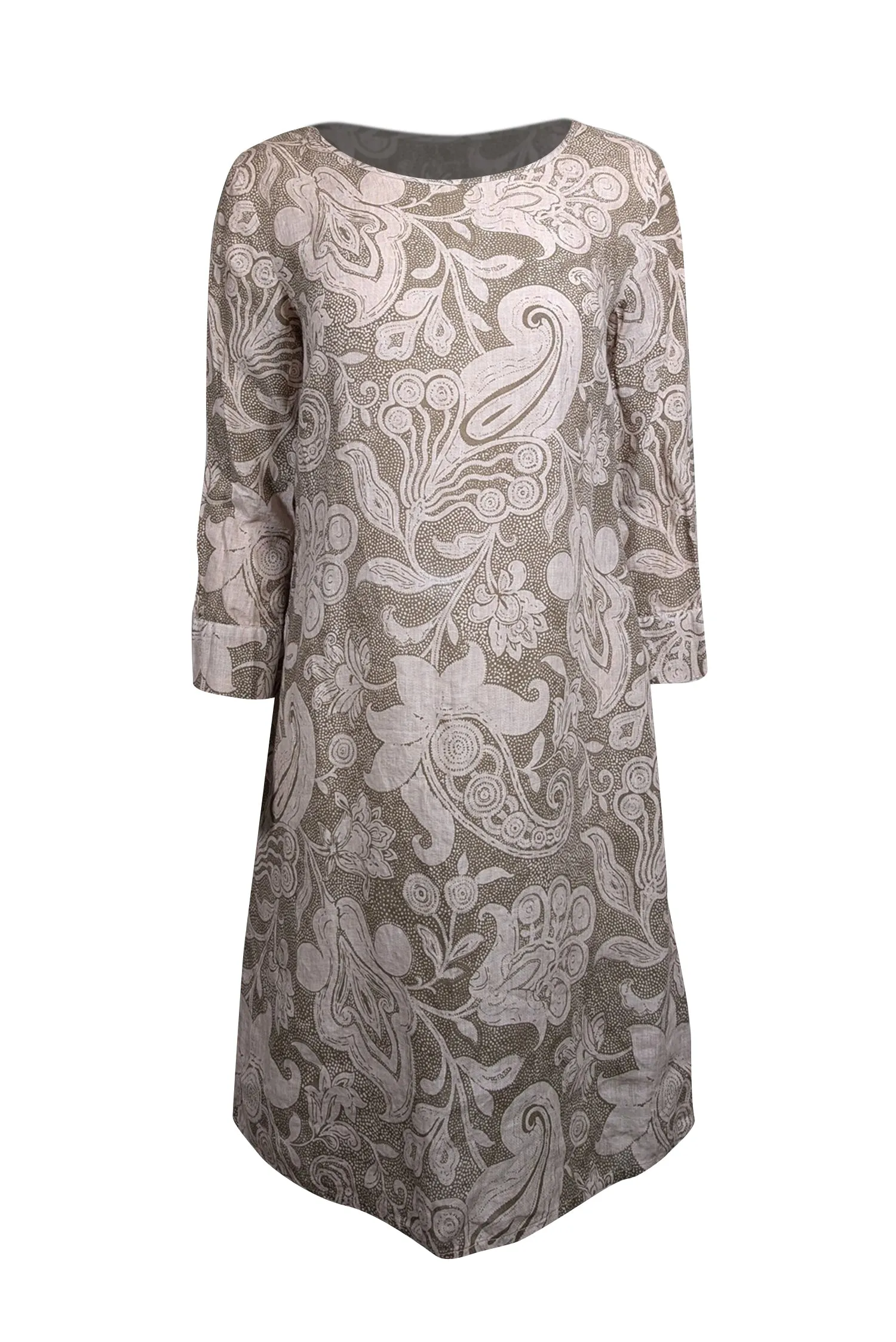 120% Lino - Olive & Beige Paisley Print Linen Dress Sz 8