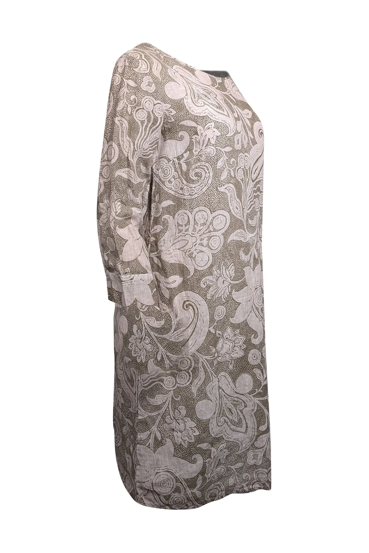 120% Lino - Olive & Beige Paisley Print Linen Dress Sz 8