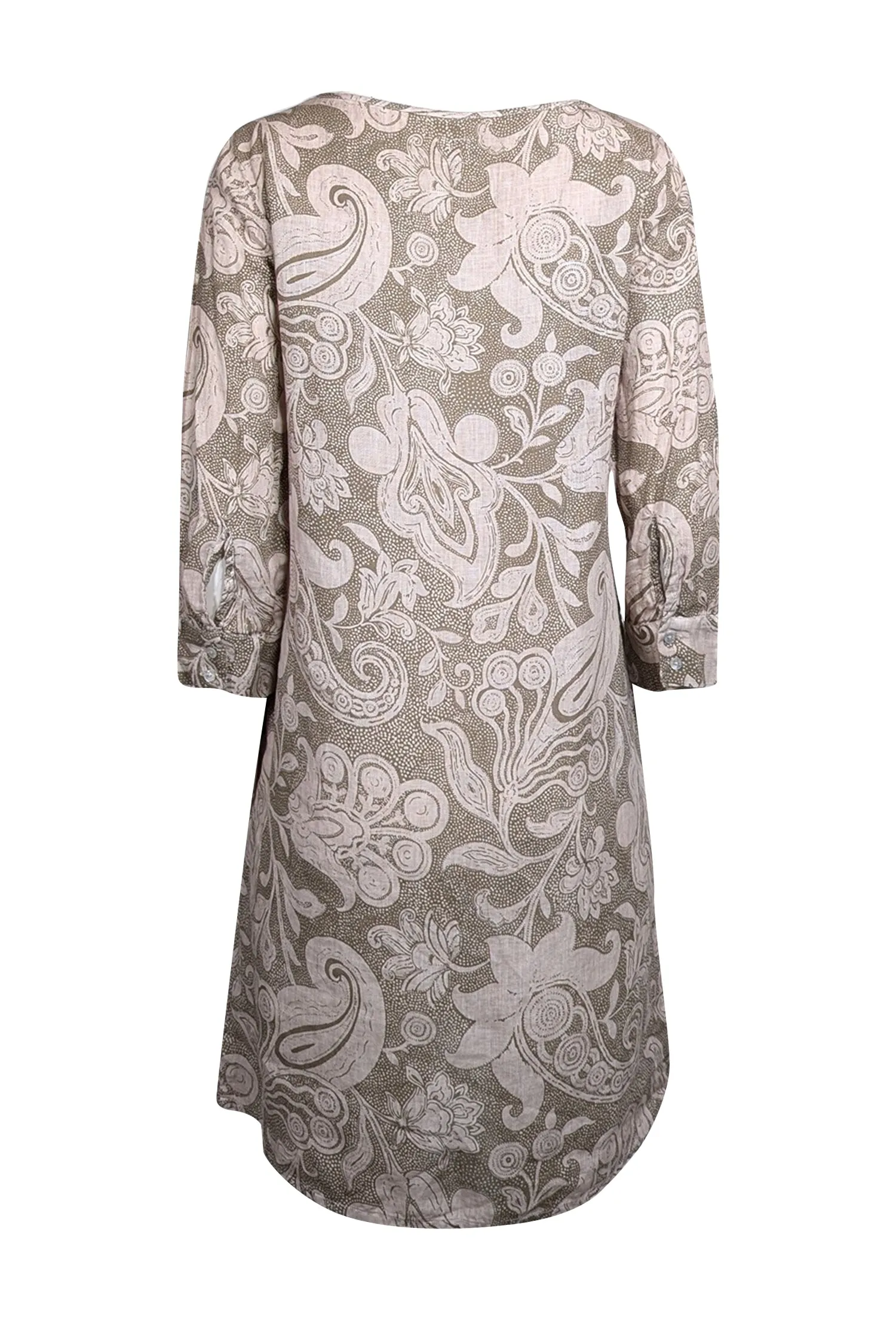 120% Lino - Olive & Beige Paisley Print Linen Dress Sz 8