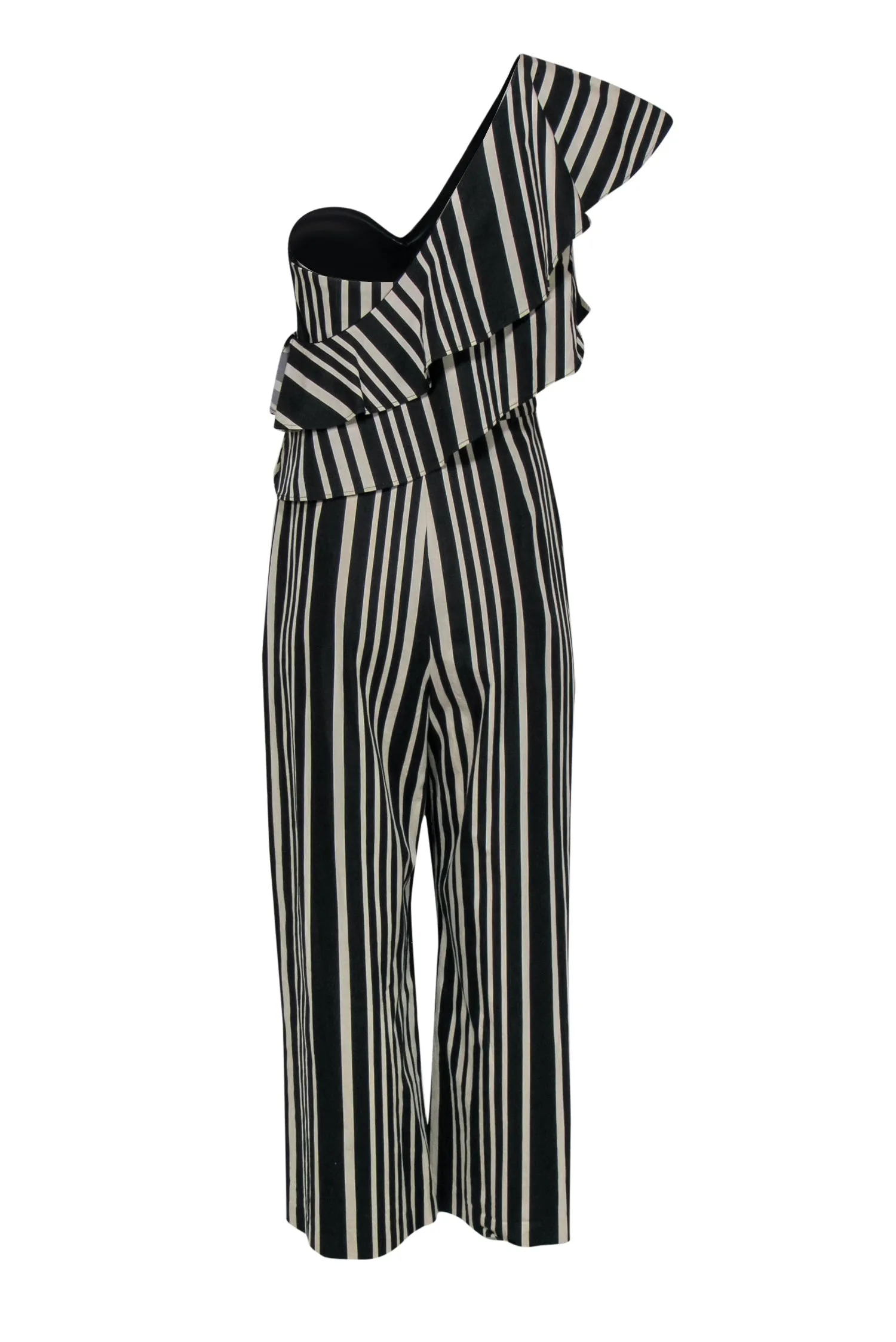 Alice & Olivia - Black & Cream Striped Ruffled One-Shoulder Wide Leg Jumpsuit Sz 10