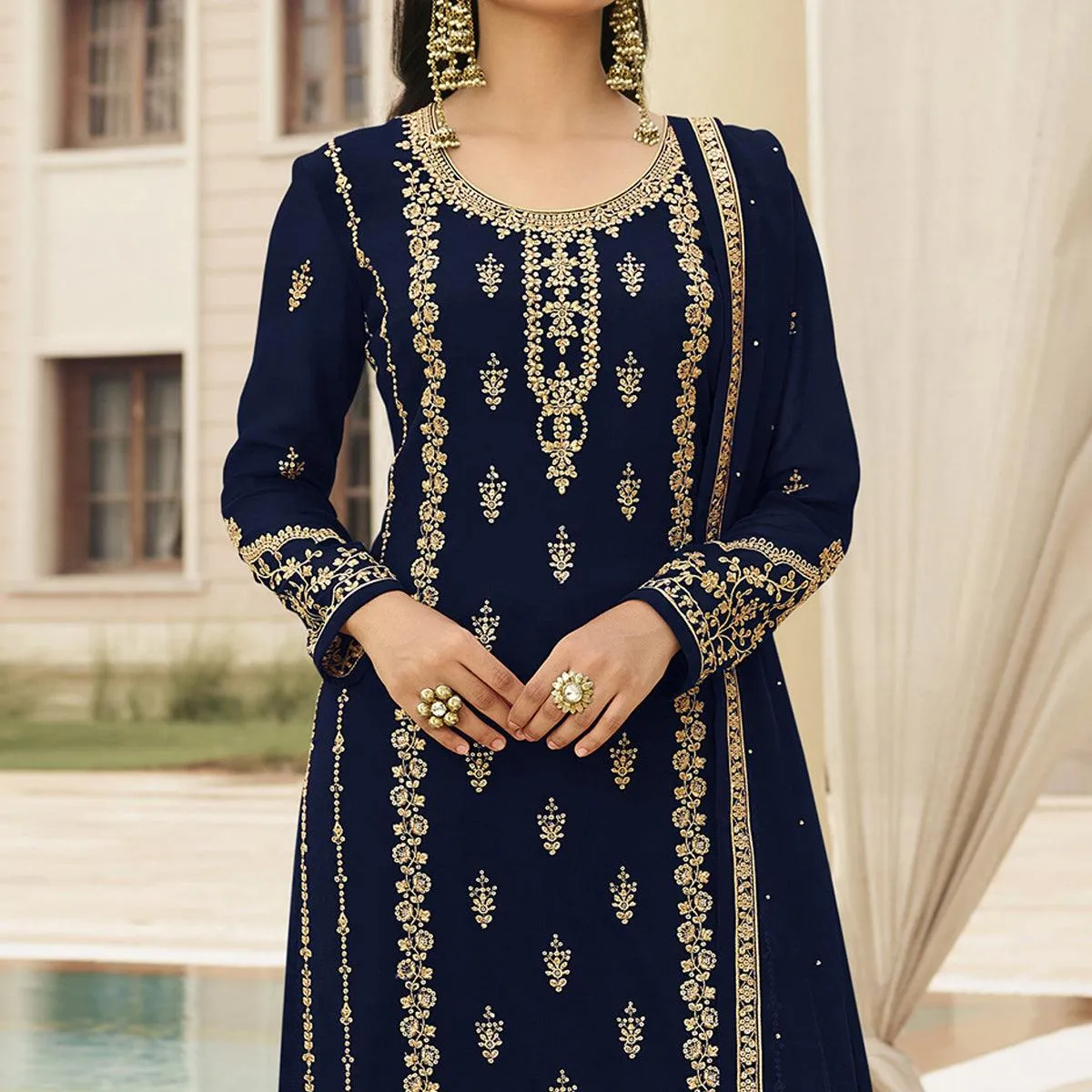 Blue Partywear Designer Embroidered With Sequins Georgette Palazzo Suit