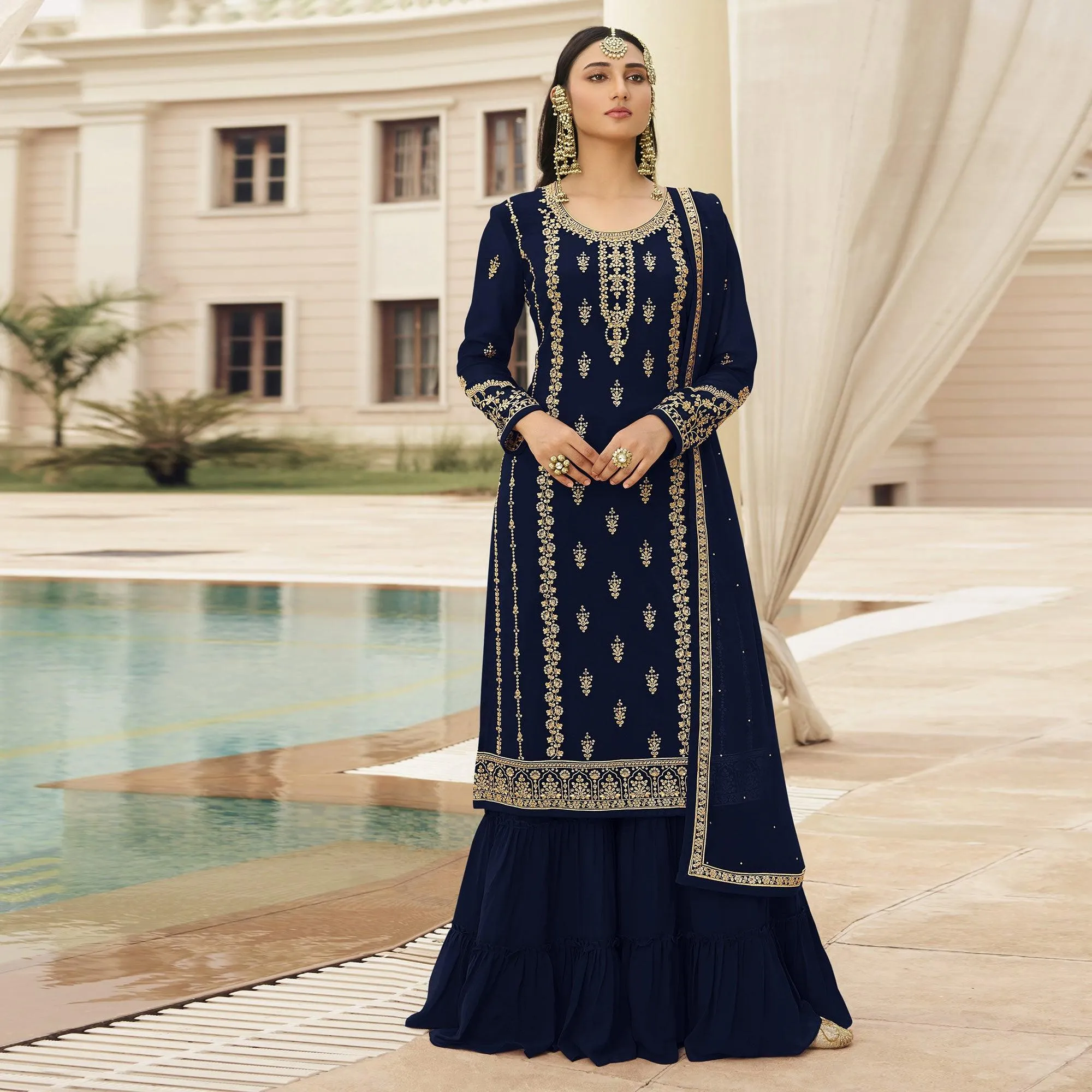 Blue Partywear Designer Embroidered With Sequins Georgette Palazzo Suit