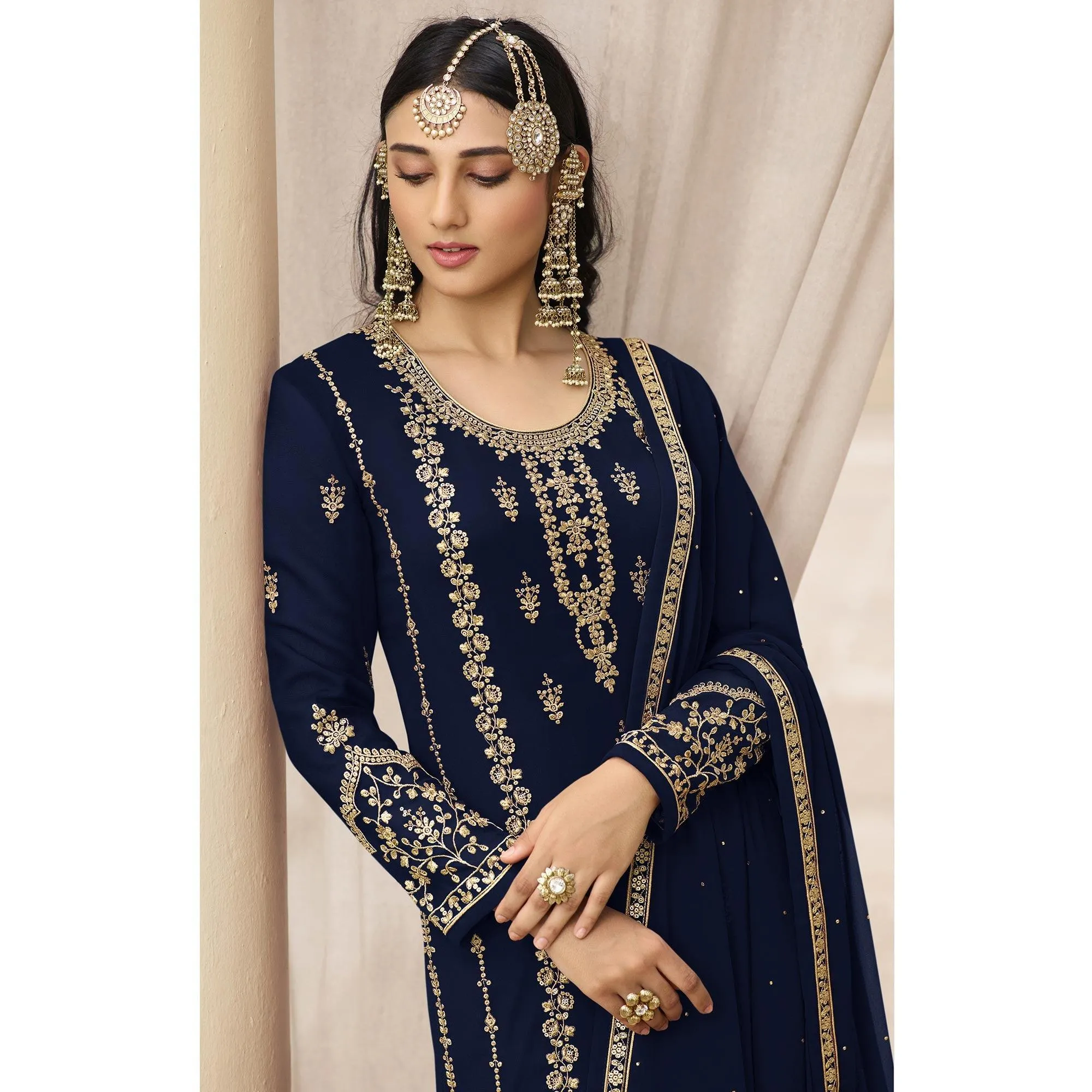 Blue Partywear Designer Embroidered With Sequins Georgette Palazzo Suit