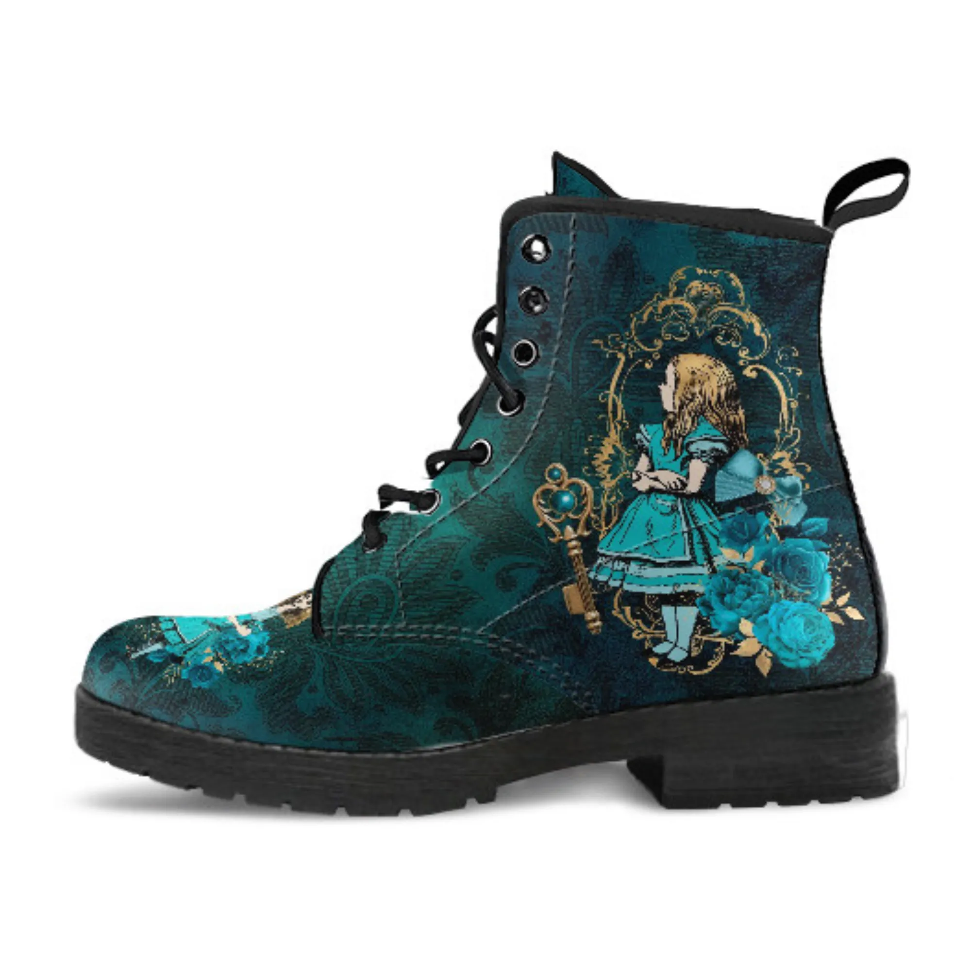 Combat Boots - Alice in Wonderland Gifts #104 Green Series | Birthday Gifts, Gift Idea, Women's Boots, Custom Shoes, Aesthetic, Cute, Kawaii
