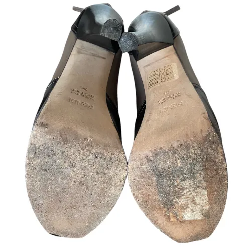 FENDI Fendista Taupe & Black Leather Platform Ankle Boots, Size 36
