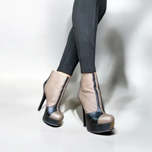 FENDI Fendista Taupe & Black Leather Platform Ankle Boots, Size 36