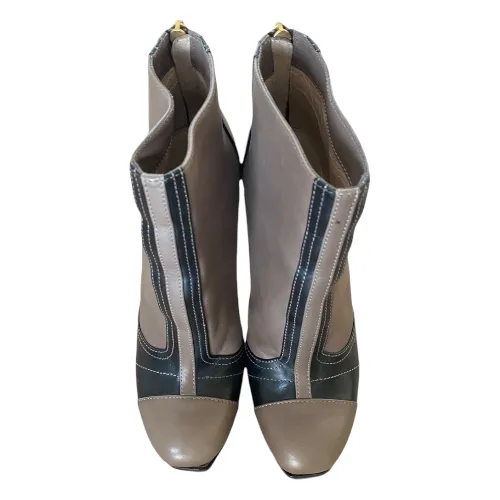 FENDI Fendista Taupe & Black Leather Platform Ankle Boots, Size 36