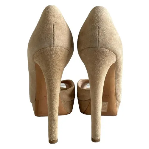 MIU MIU Beige Suede Crisscross Straps Peep Toe Half D'orsay Platform Pumps, 39