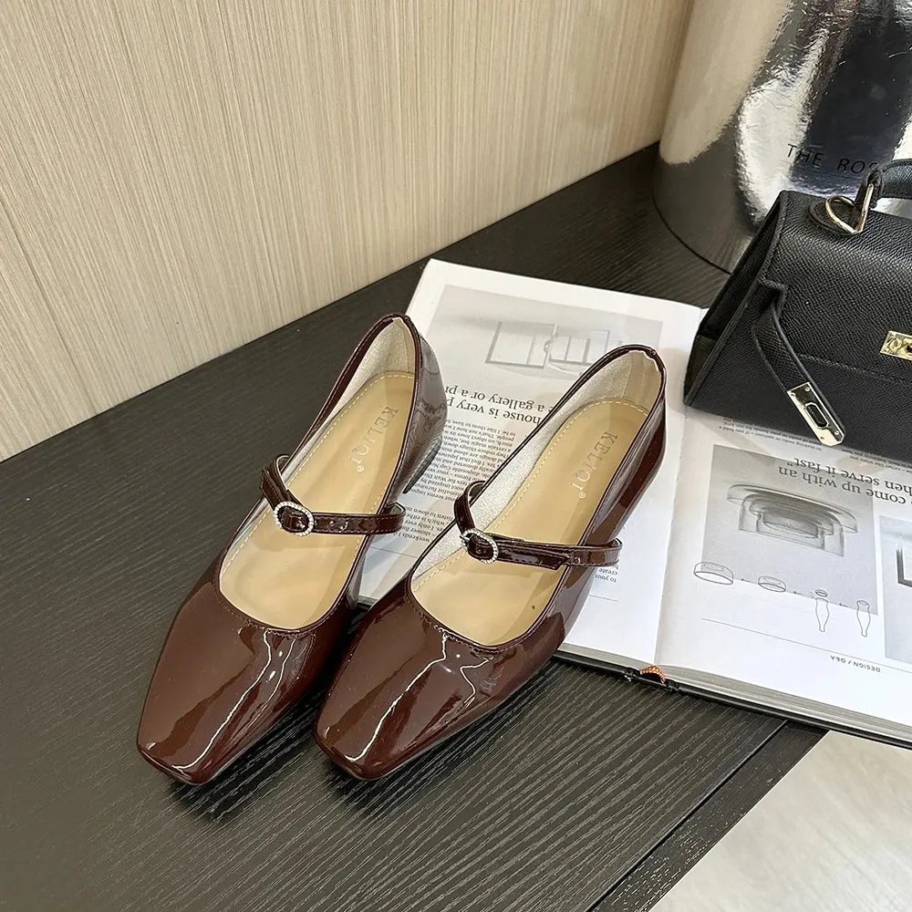 Mqtime Round Toe Women Flats Loafers Black Brown Silver Belt Buckle New Arrivals Low Heels Dress Shoes Patent Leather Size 35-39