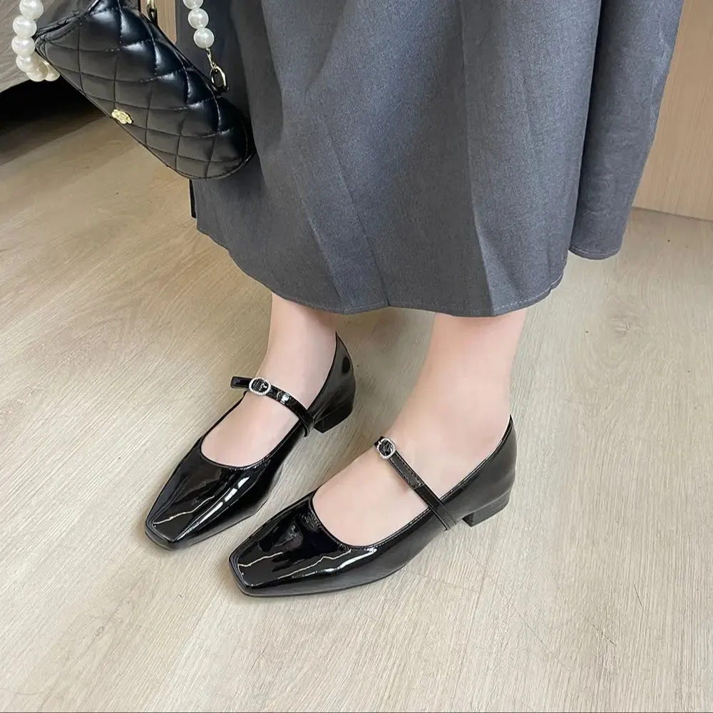 Mqtime Round Toe Women Flats Loafers Black Brown Silver Belt Buckle New Arrivals Low Heels Dress Shoes Patent Leather Size 35-39