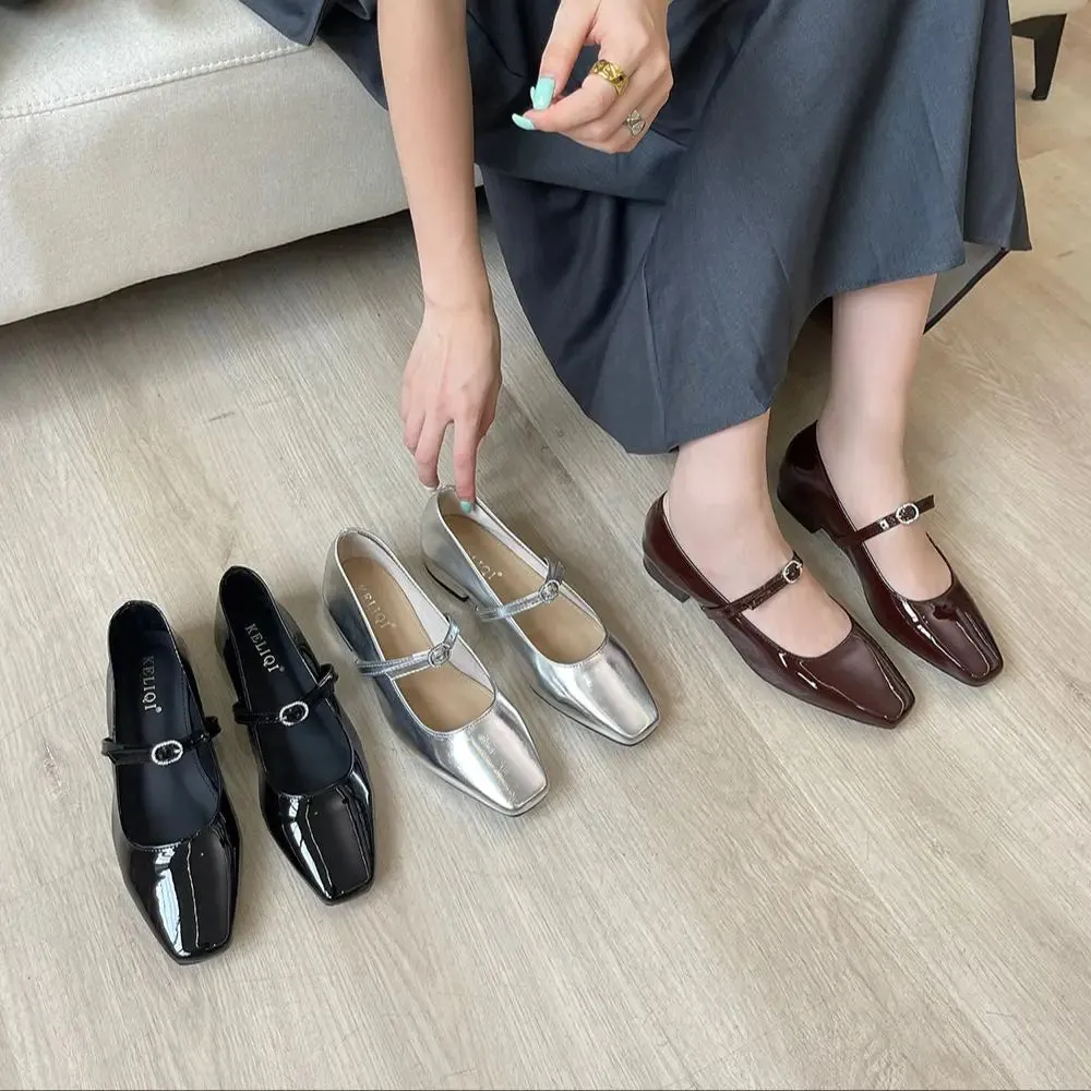 Mqtime Round Toe Women Flats Loafers Black Brown Silver Belt Buckle New Arrivals Low Heels Dress Shoes Patent Leather Size 35-39