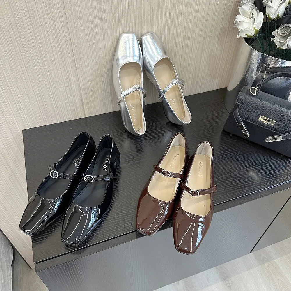 Mqtime Round Toe Women Flats Loafers Black Brown Silver Belt Buckle New Arrivals Low Heels Dress Shoes Patent Leather Size 35-39