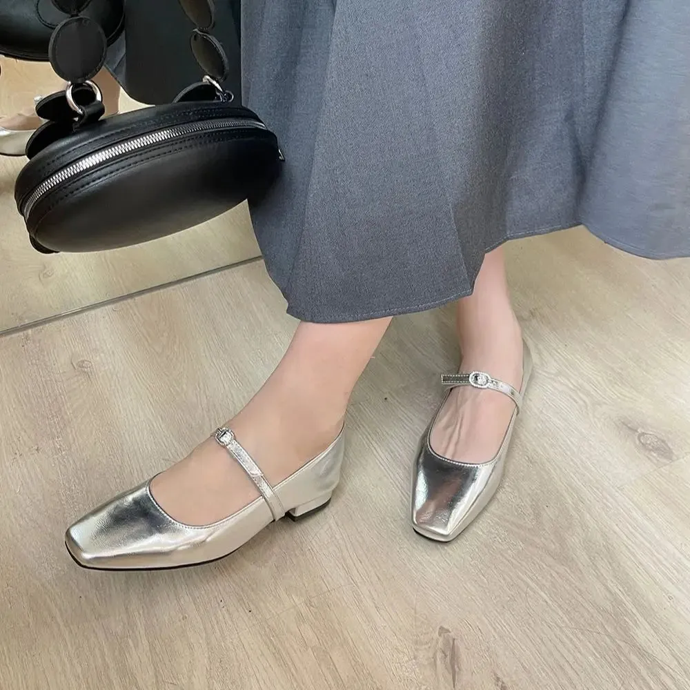 Mqtime Round Toe Women Flats Loafers Black Brown Silver Belt Buckle New Arrivals Low Heels Dress Shoes Patent Leather Size 35-39