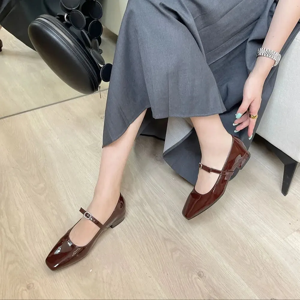 Mqtime Round Toe Women Flats Loafers Black Brown Silver Belt Buckle New Arrivals Low Heels Dress Shoes Patent Leather Size 35-39