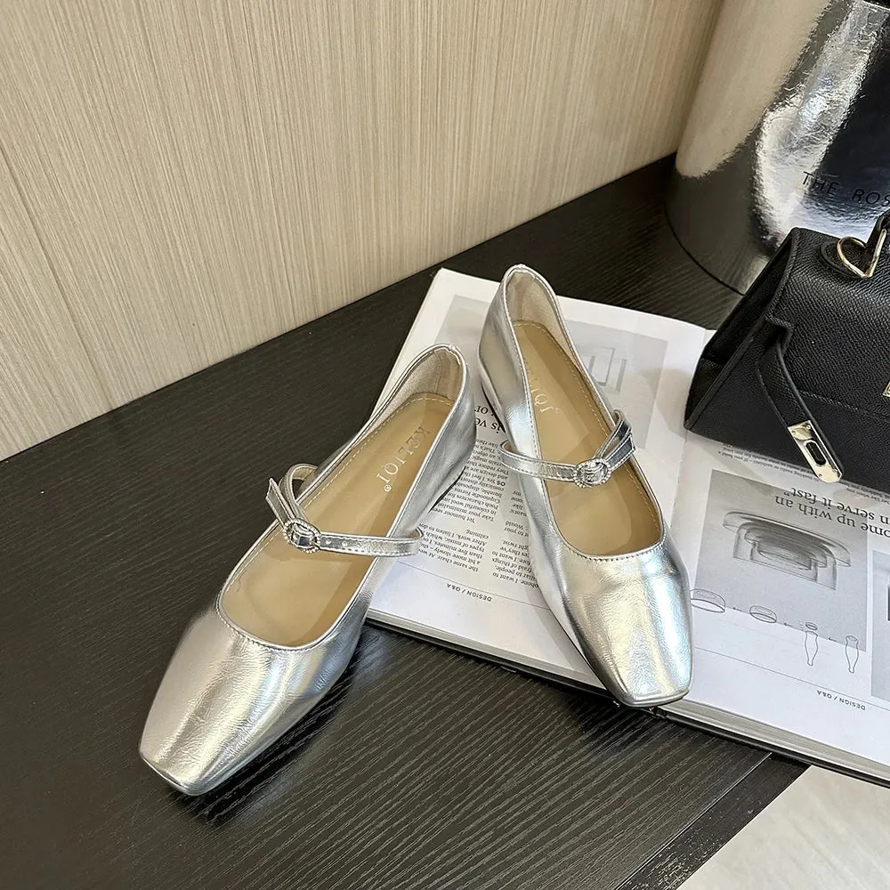 Mqtime Round Toe Women Flats Loafers Black Brown Silver Belt Buckle New Arrivals Low Heels Dress Shoes Patent Leather Size 35-39