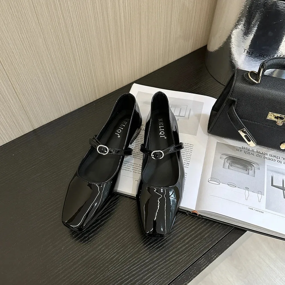 Mqtime Round Toe Women Flats Loafers Black Brown Silver Belt Buckle New Arrivals Low Heels Dress Shoes Patent Leather Size 35-39