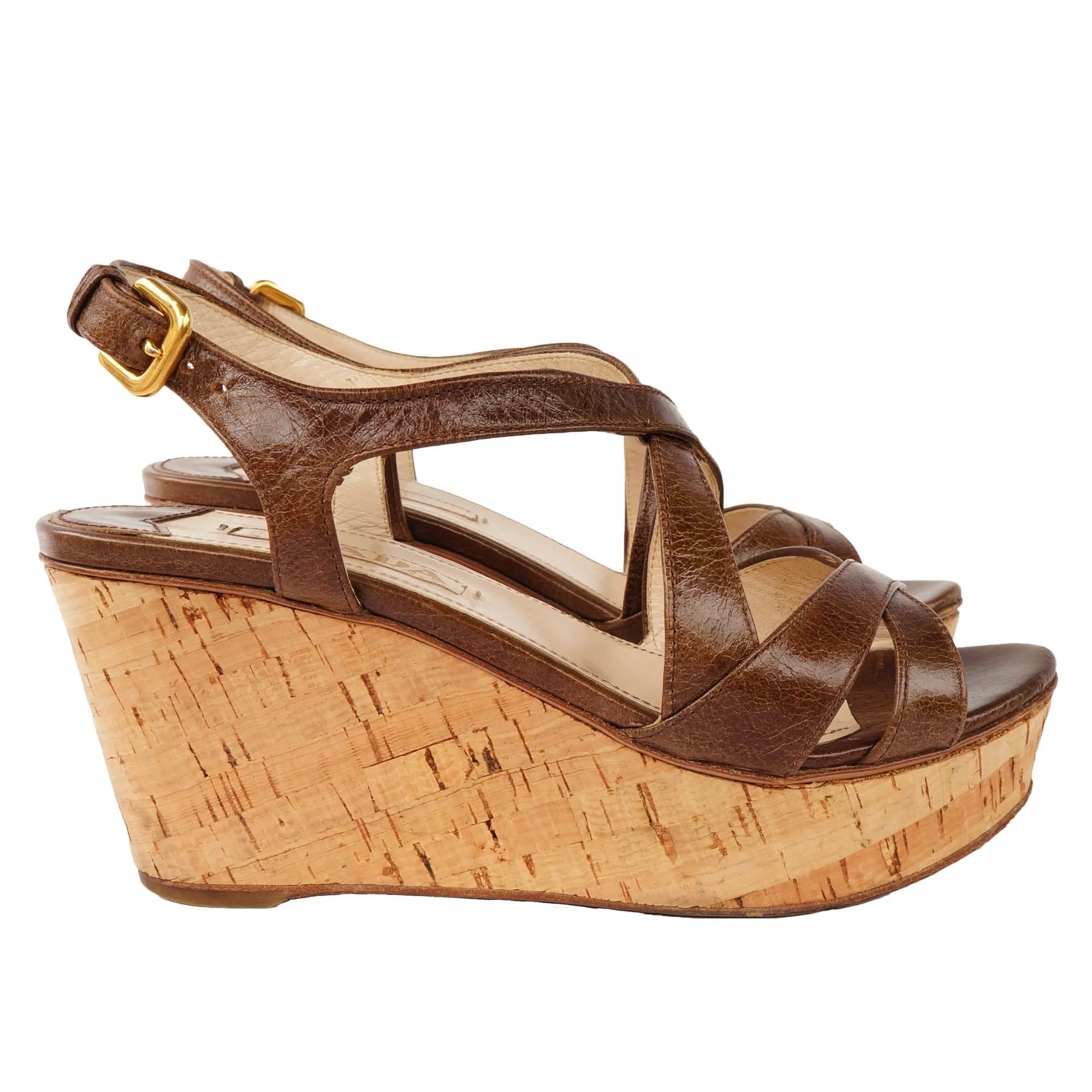 PRADA BROWN LEATHER WEDGE SANDALS