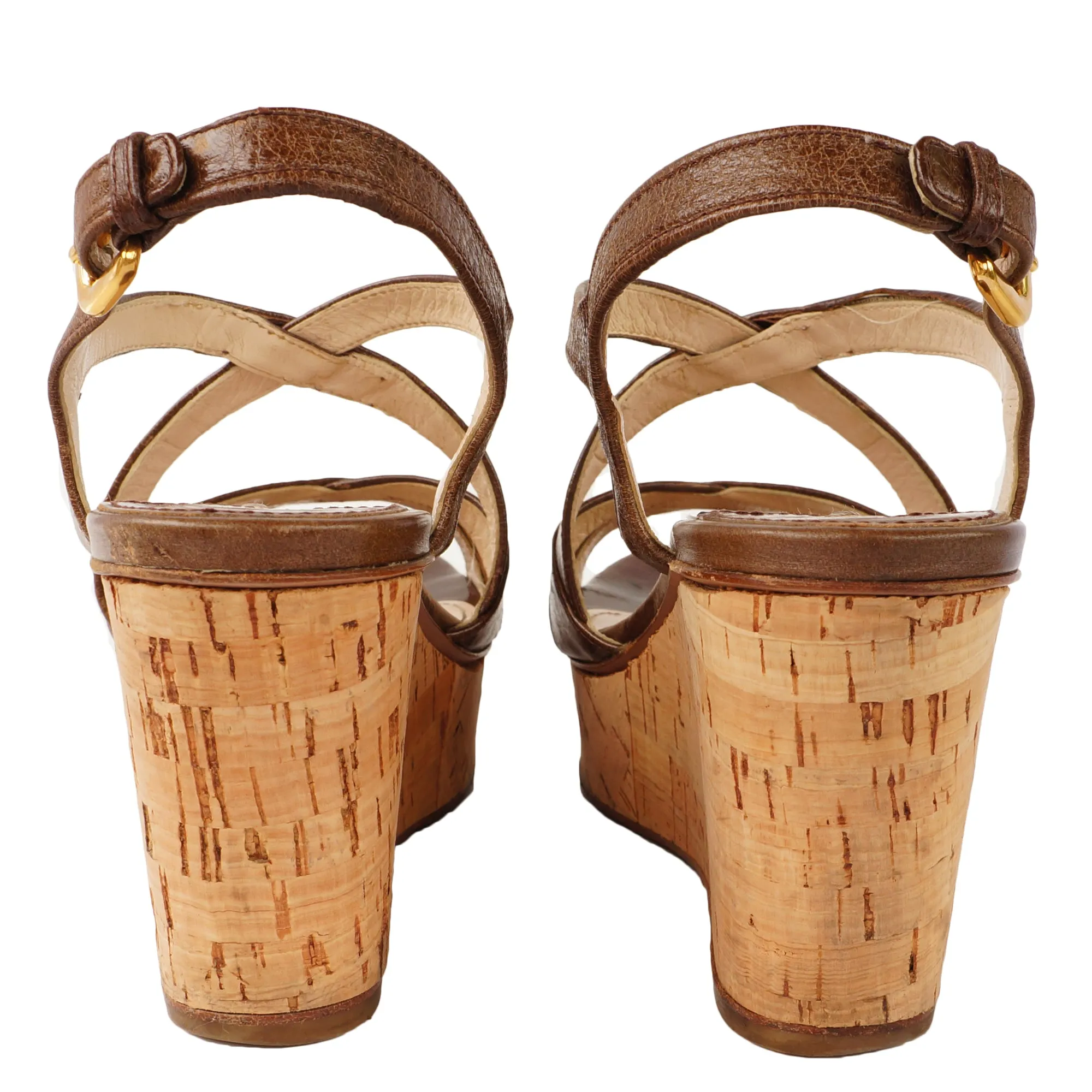 PRADA BROWN LEATHER WEDGE SANDALS