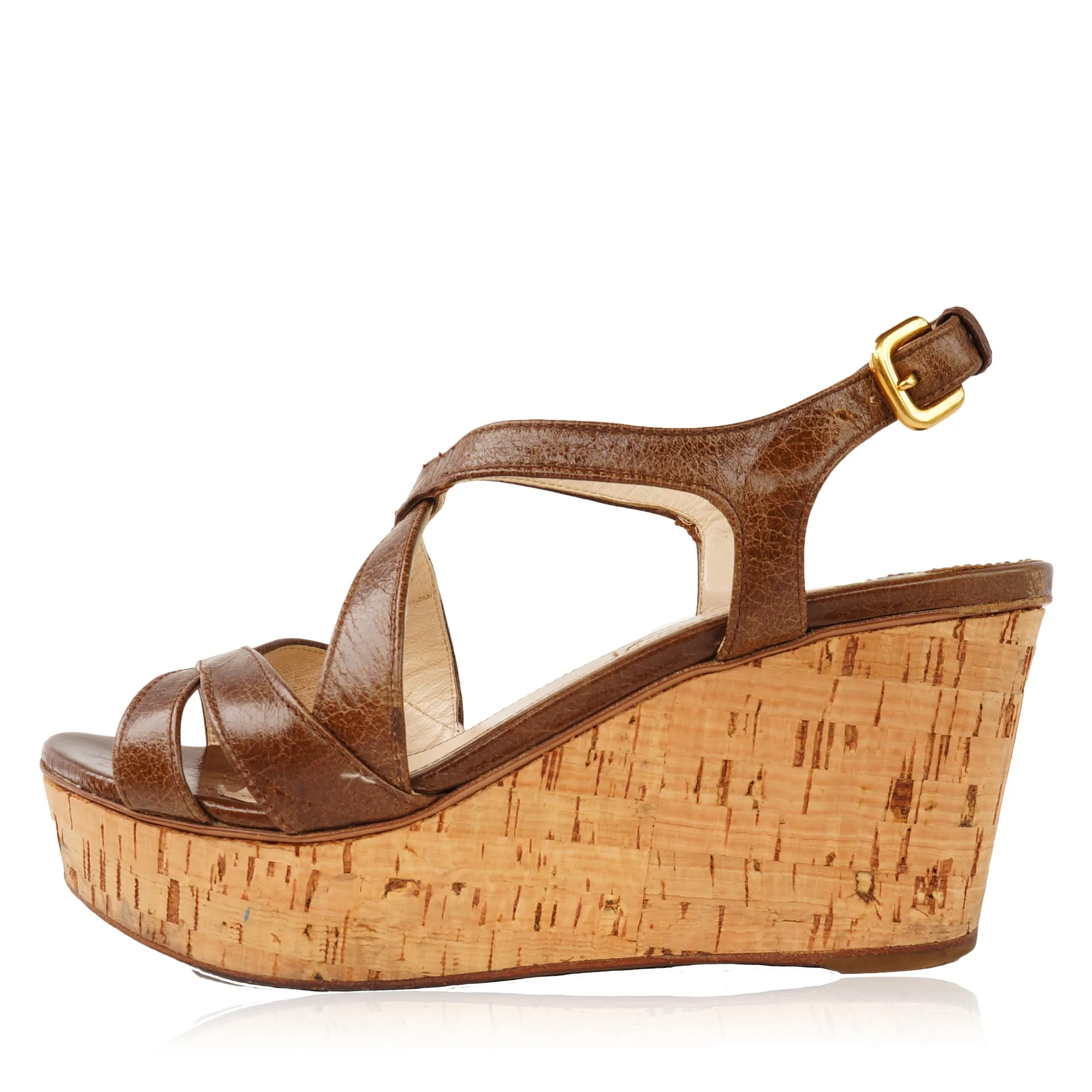 PRADA BROWN LEATHER WEDGE SANDALS