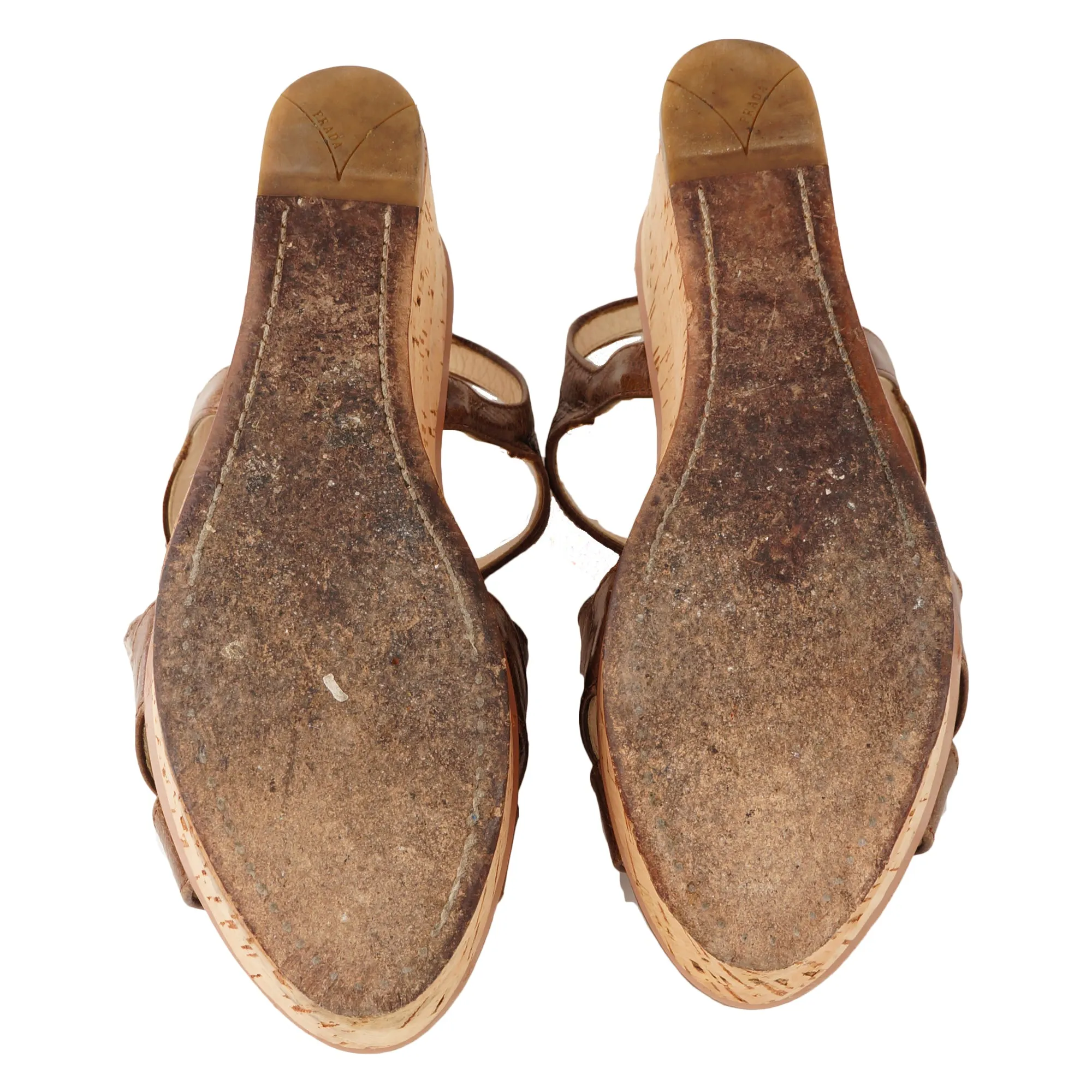 PRADA BROWN LEATHER WEDGE SANDALS