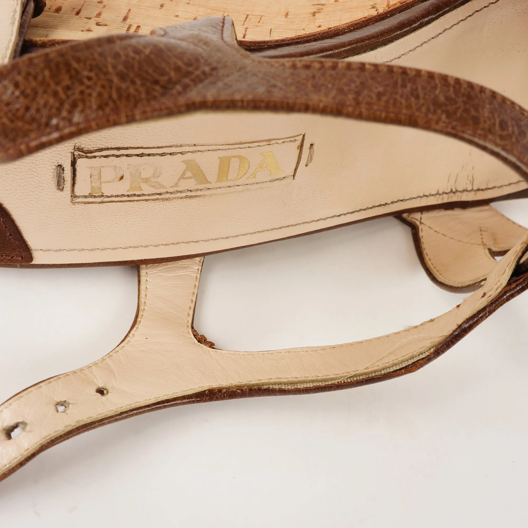 PRADA BROWN LEATHER WEDGE SANDALS