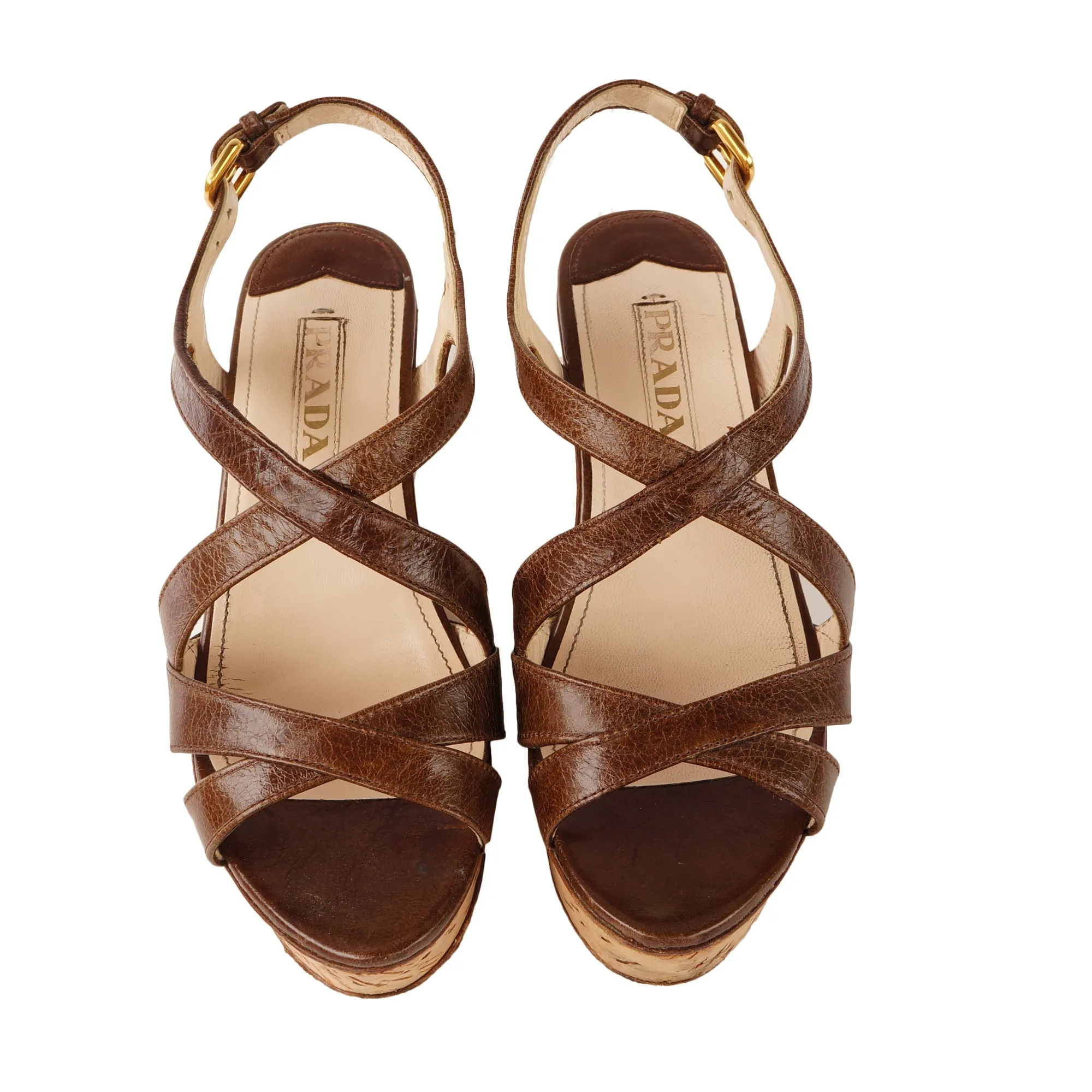 PRADA BROWN LEATHER WEDGE SANDALS