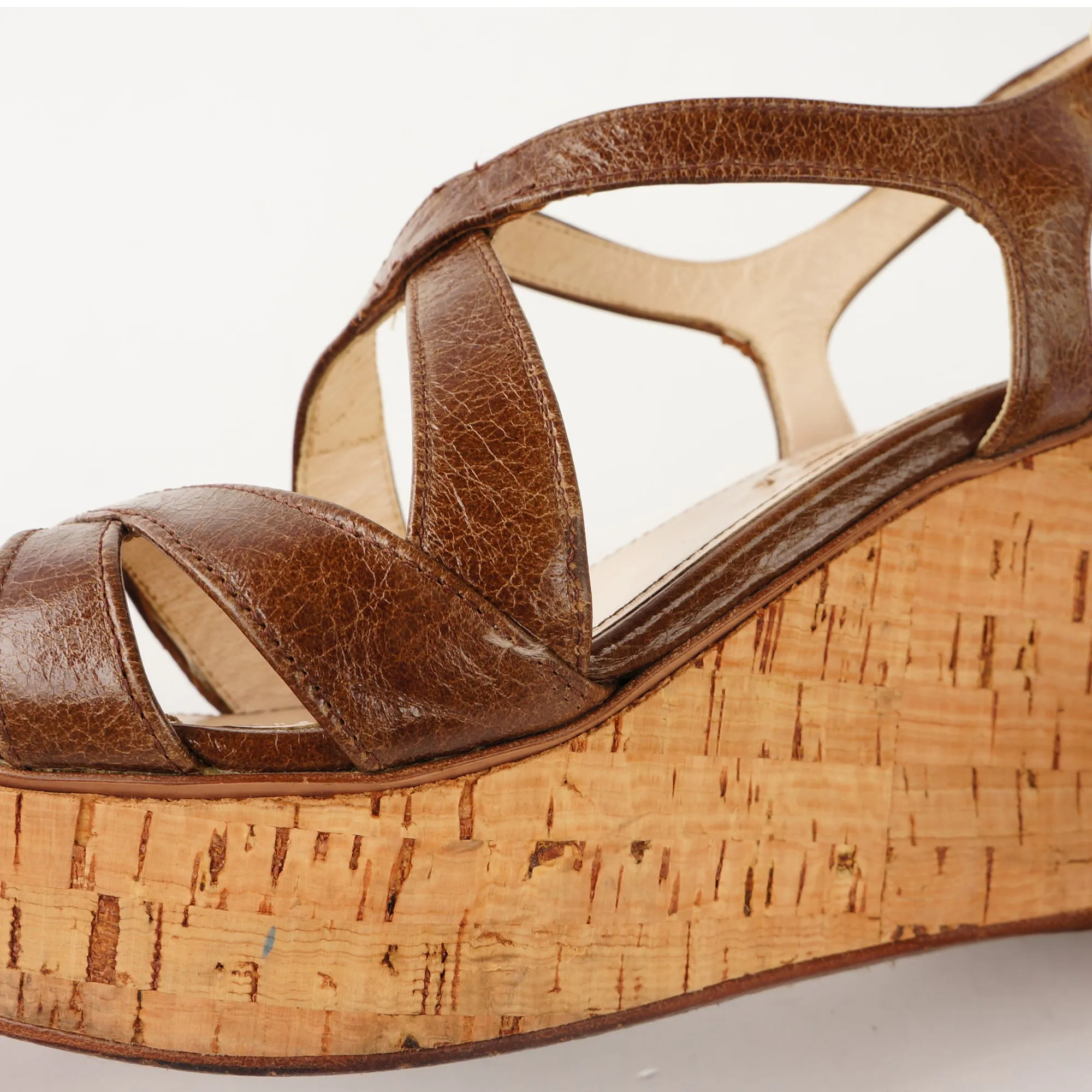 PRADA BROWN LEATHER WEDGE SANDALS