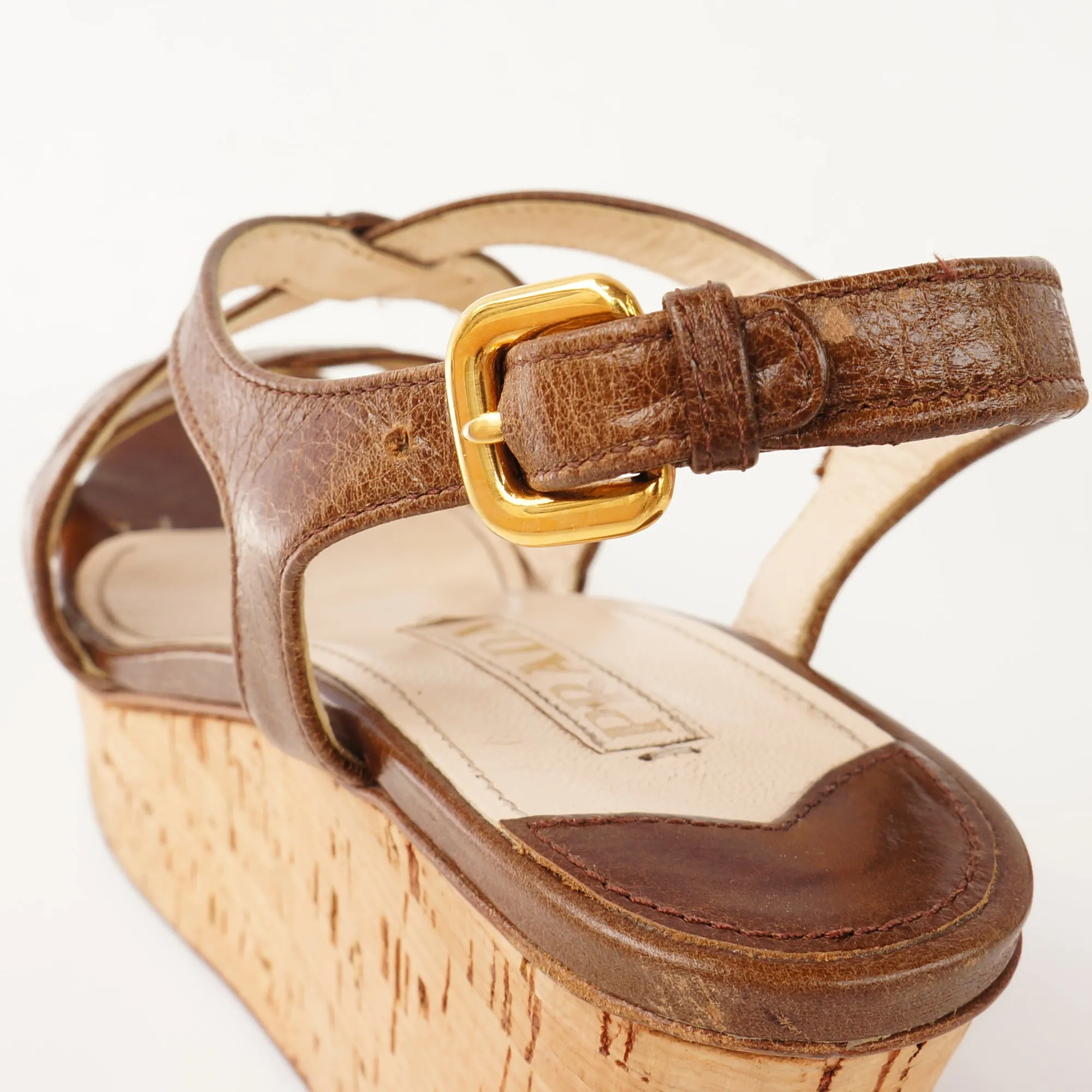 PRADA BROWN LEATHER WEDGE SANDALS