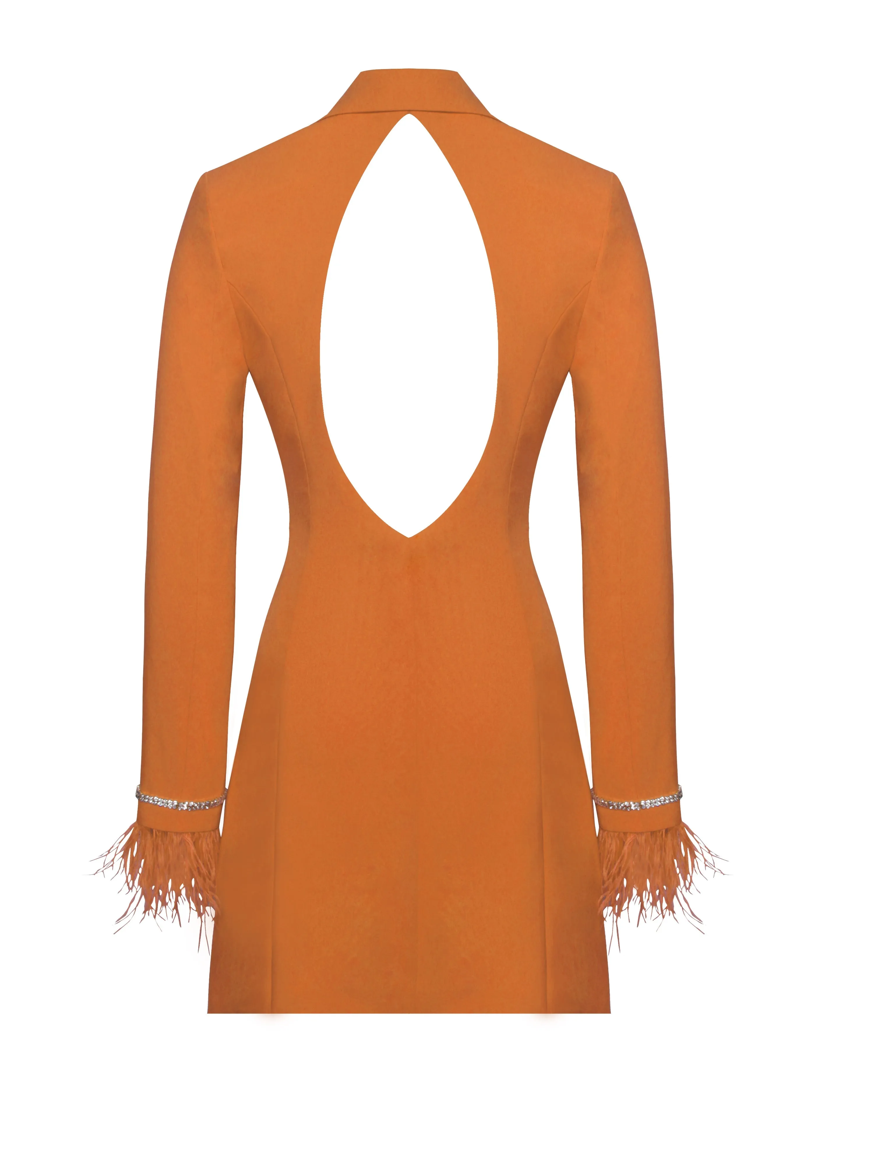 Quilla Orange Feather Crystal Graceful Sleeve Backless Blazer Dress