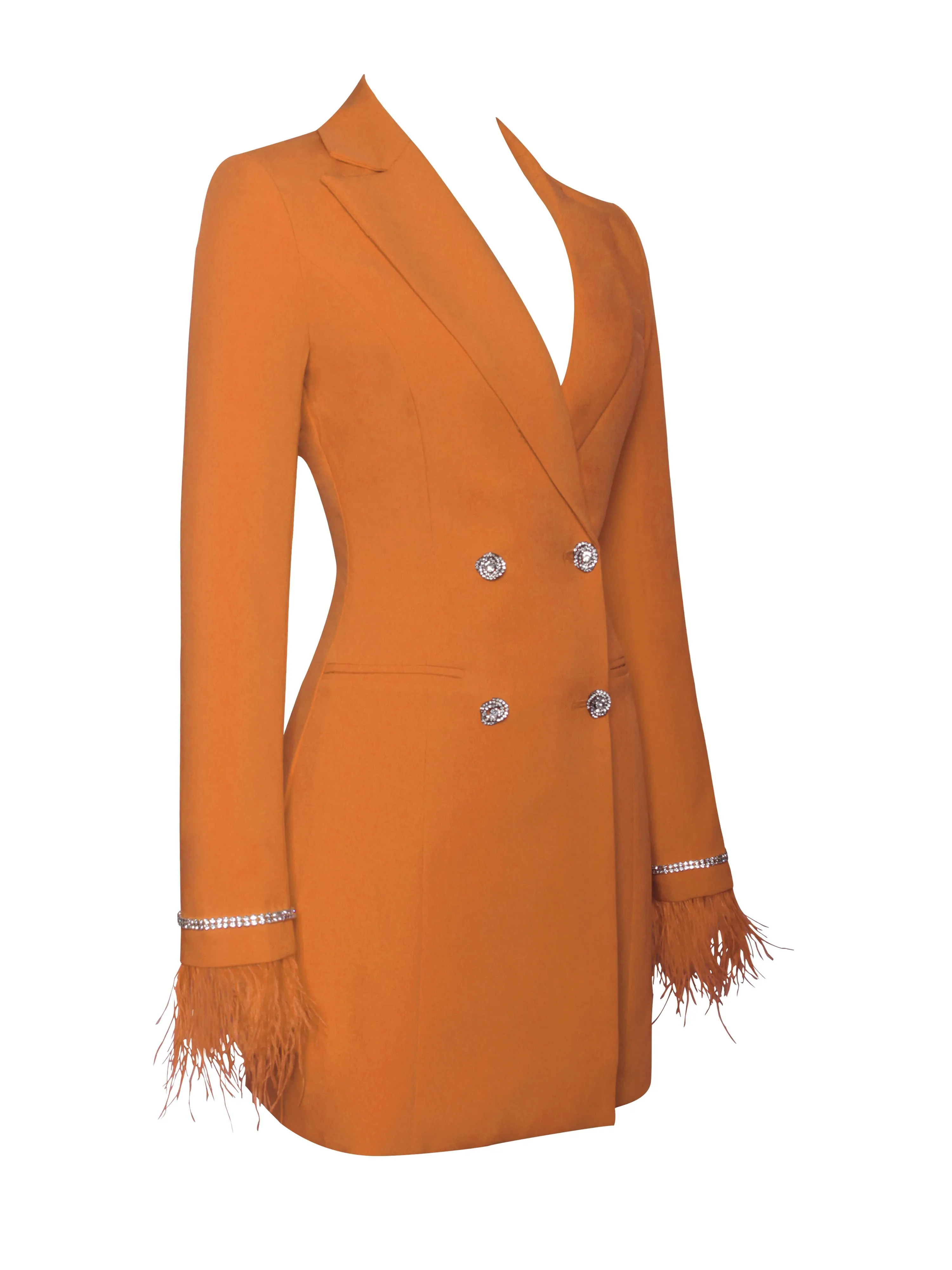 Quilla Orange Feather Crystal Graceful Sleeve Backless Blazer Dress