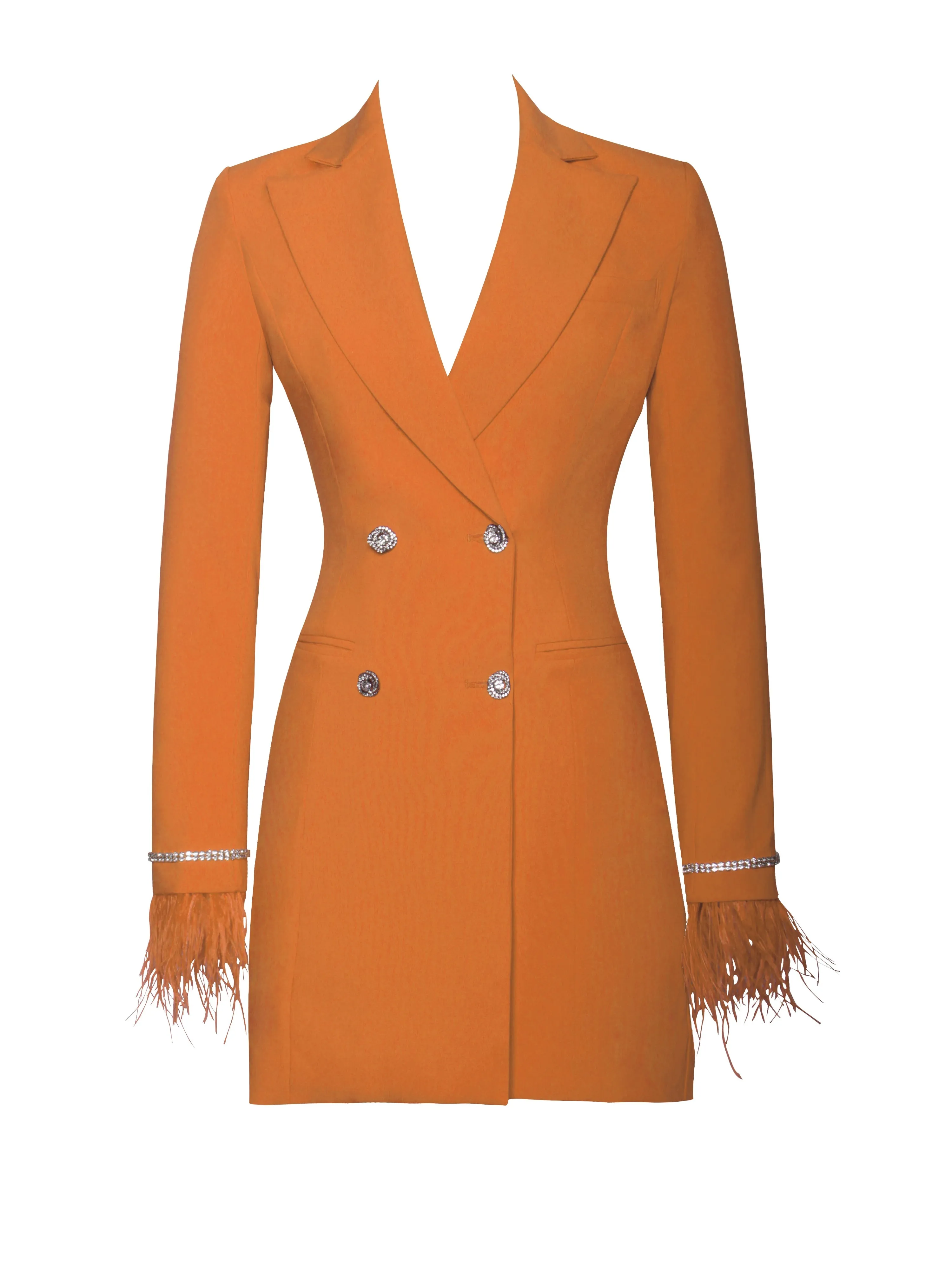 Quilla Orange Feather Crystal Graceful Sleeve Backless Blazer Dress