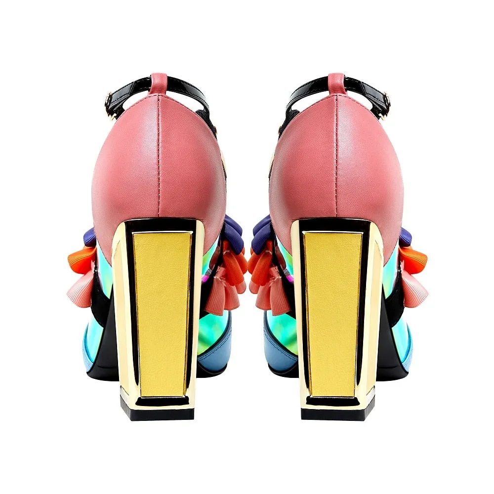 Ruffles Bird Decor Rhinestone Chunky Heels