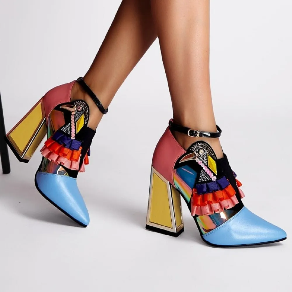 Ruffles Bird Decor Rhinestone Chunky Heels