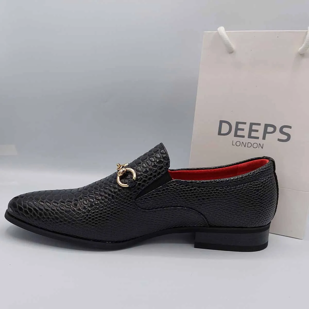 SANSON MENS CROC PATENT SHINY SLIP ON MOCCASIN LOAFERS WITH GOLD BUCKLE AND LEATHER LINING