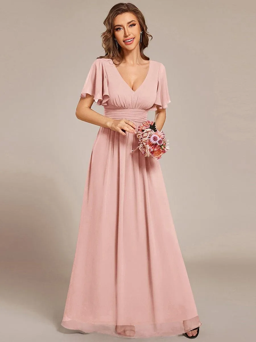 Short Sleeve Ruffled Lace-Up A-Line Maxi Bridesmaid Dress