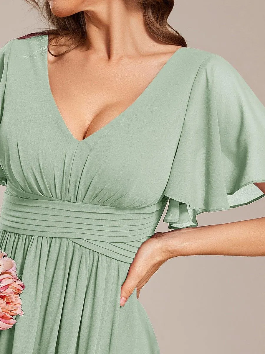 Short Sleeve Ruffled Lace-Up A-Line Maxi Bridesmaid Dress