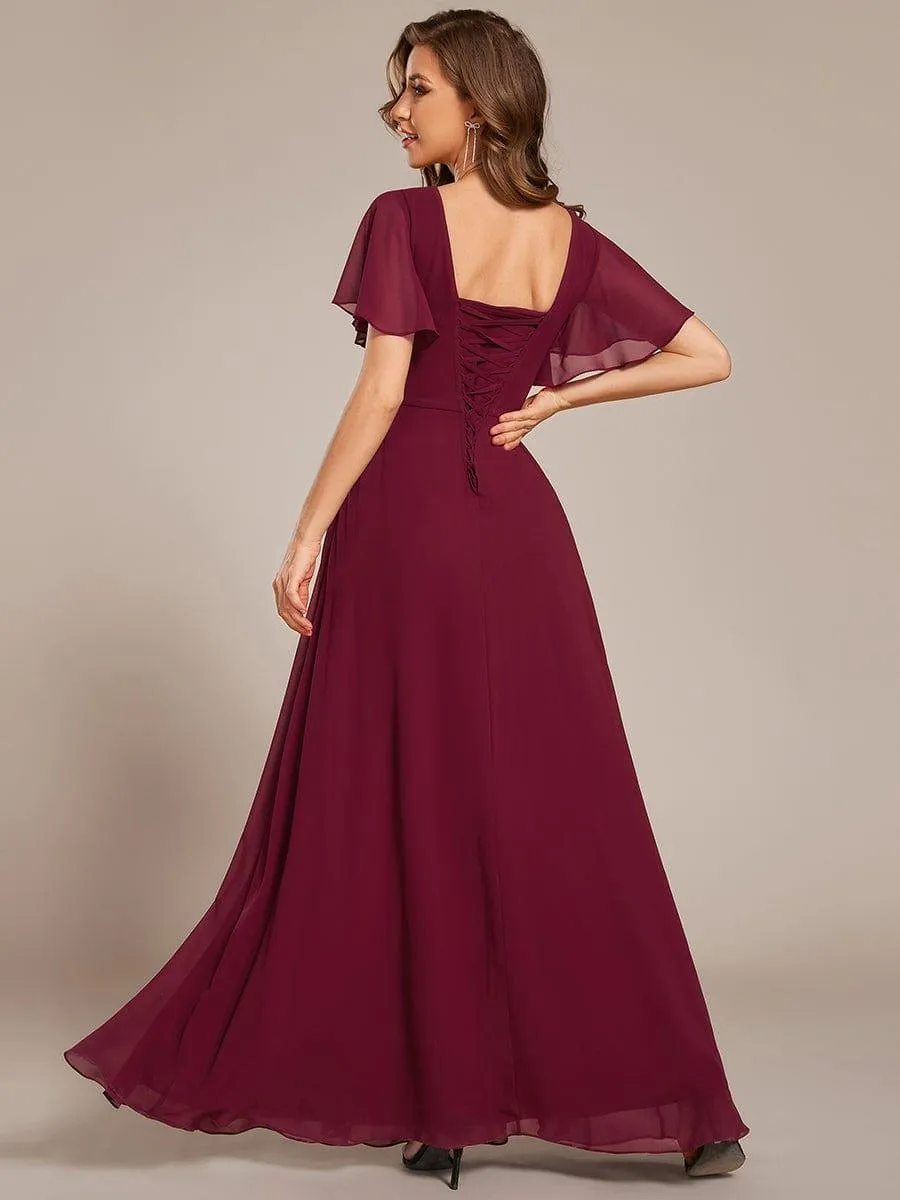 Short Sleeve Ruffled Lace-Up A-Line Maxi Bridesmaid Dress