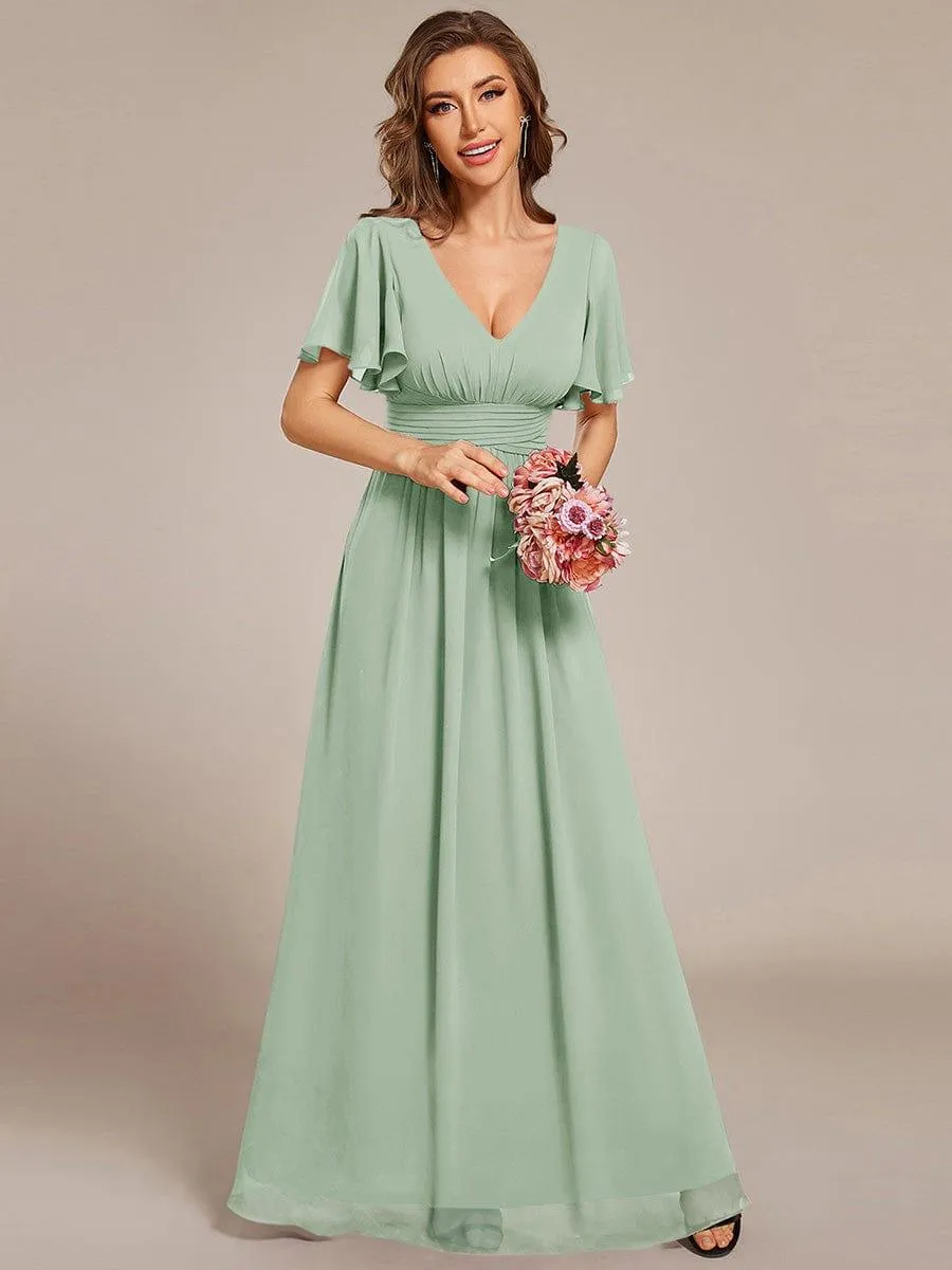 Short Sleeve Ruffled Lace-Up A-Line Maxi Bridesmaid Dress