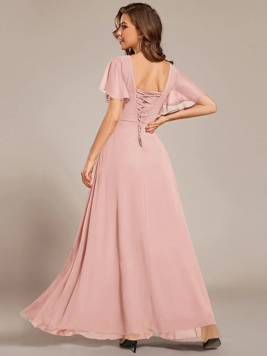 Short Sleeve Ruffled Lace-Up A-Line Maxi Bridesmaid Dress