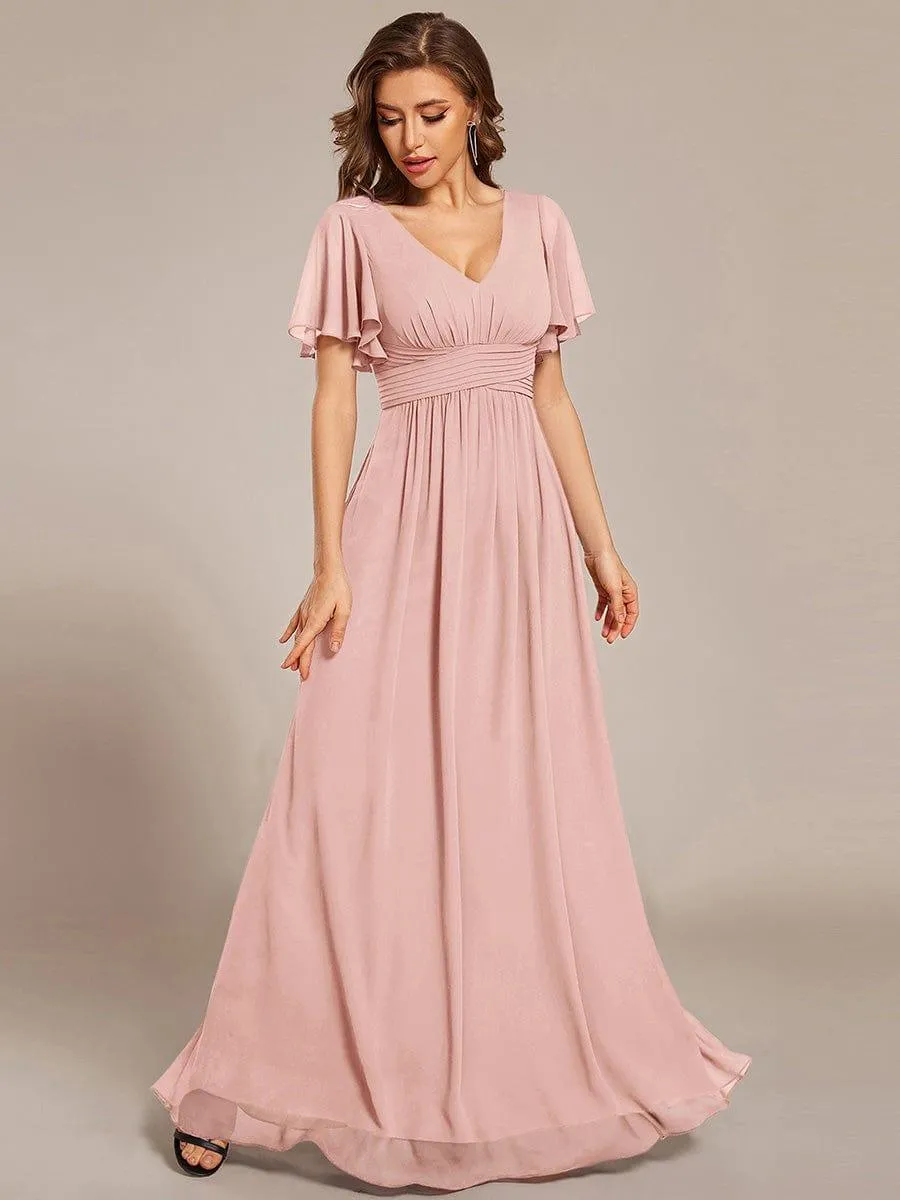 Short Sleeve Ruffled Lace-Up A-Line Maxi Bridesmaid Dress