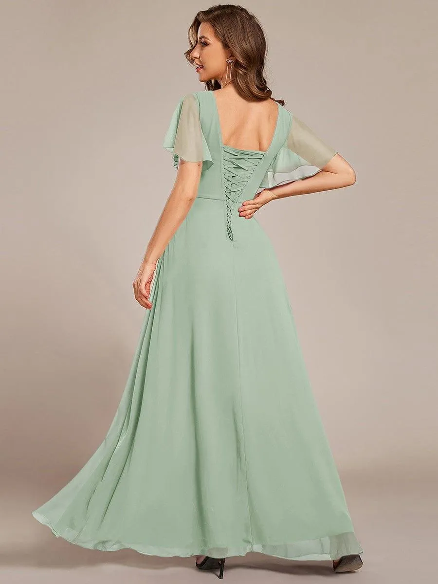 Short Sleeve Ruffled Lace-Up A-Line Maxi Bridesmaid Dress