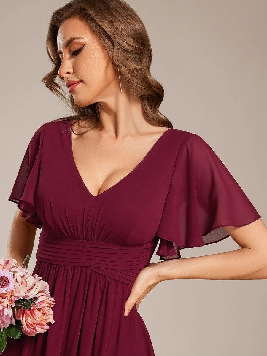 Short Sleeve Ruffled Lace-Up A-Line Maxi Bridesmaid Dress