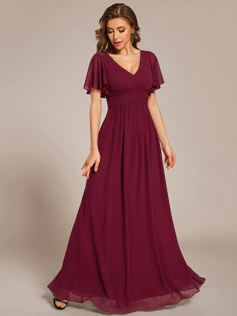 Short Sleeve Ruffled Lace-Up A-Line Maxi Bridesmaid Dress