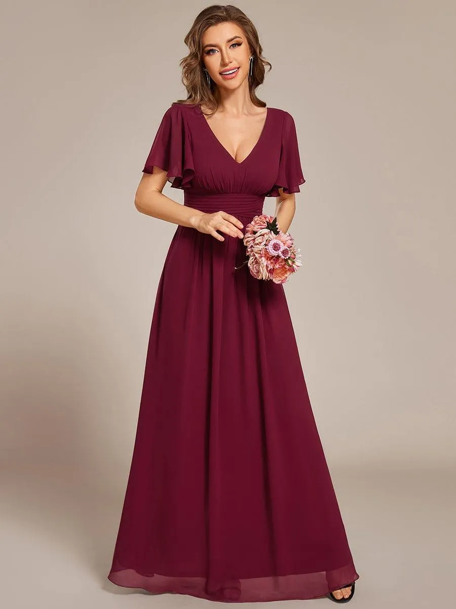 Short Sleeve Ruffled Lace-Up A-Line Maxi Bridesmaid Dress