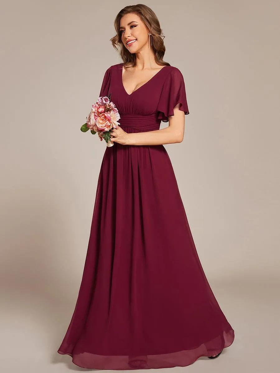 Short Sleeve Ruffled Lace-Up A-Line Maxi Bridesmaid Dress
