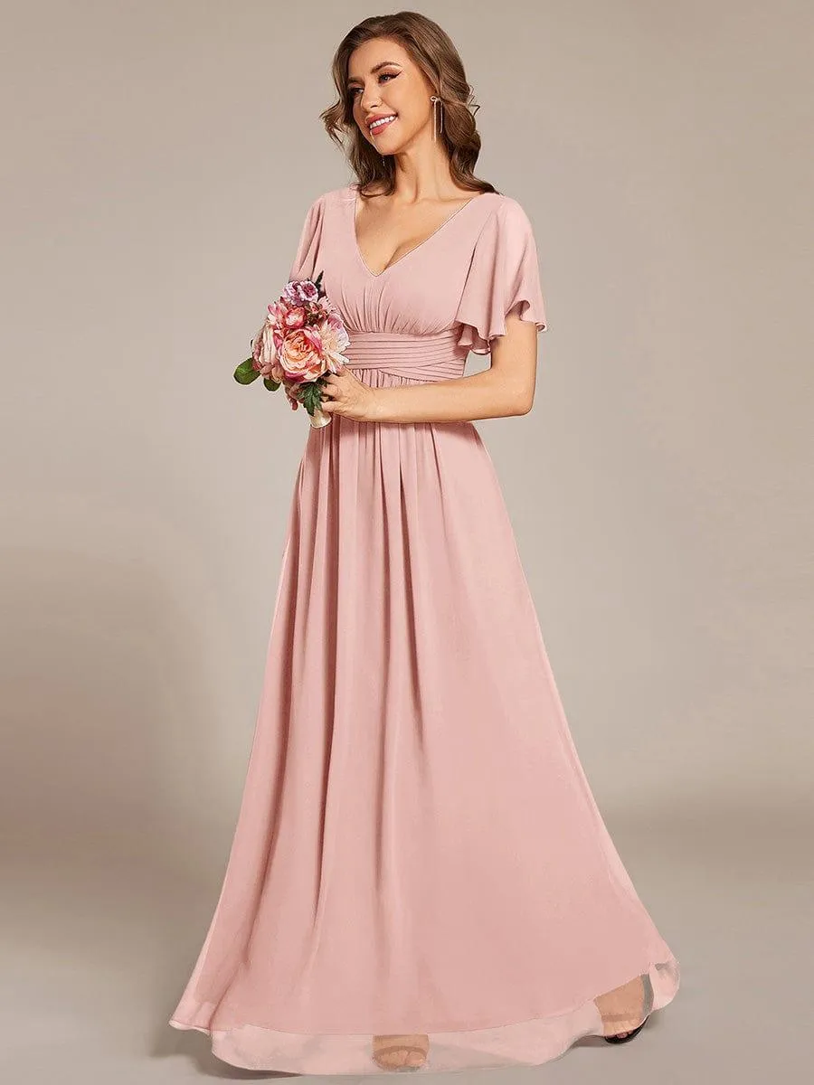 Short Sleeve Ruffled Lace-Up A-Line Maxi Bridesmaid Dress