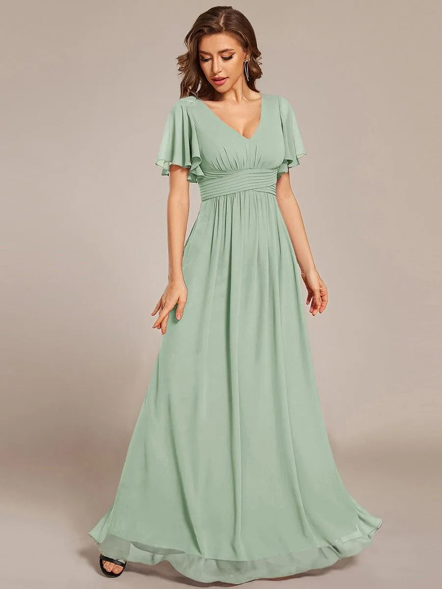 Short Sleeve Ruffled Lace-Up A-Line Maxi Bridesmaid Dress