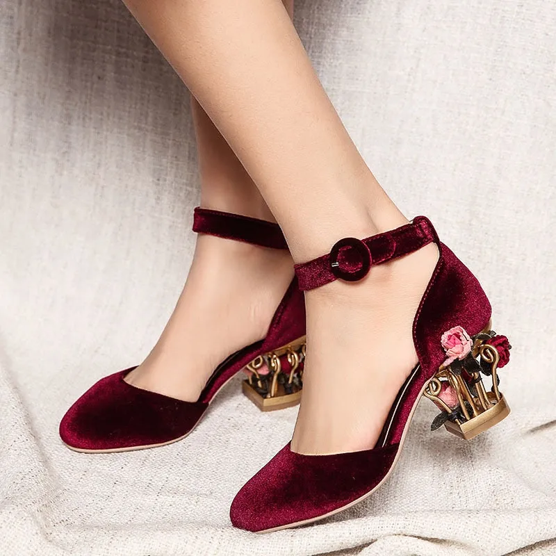 Velvet Birdcage Floral Heels