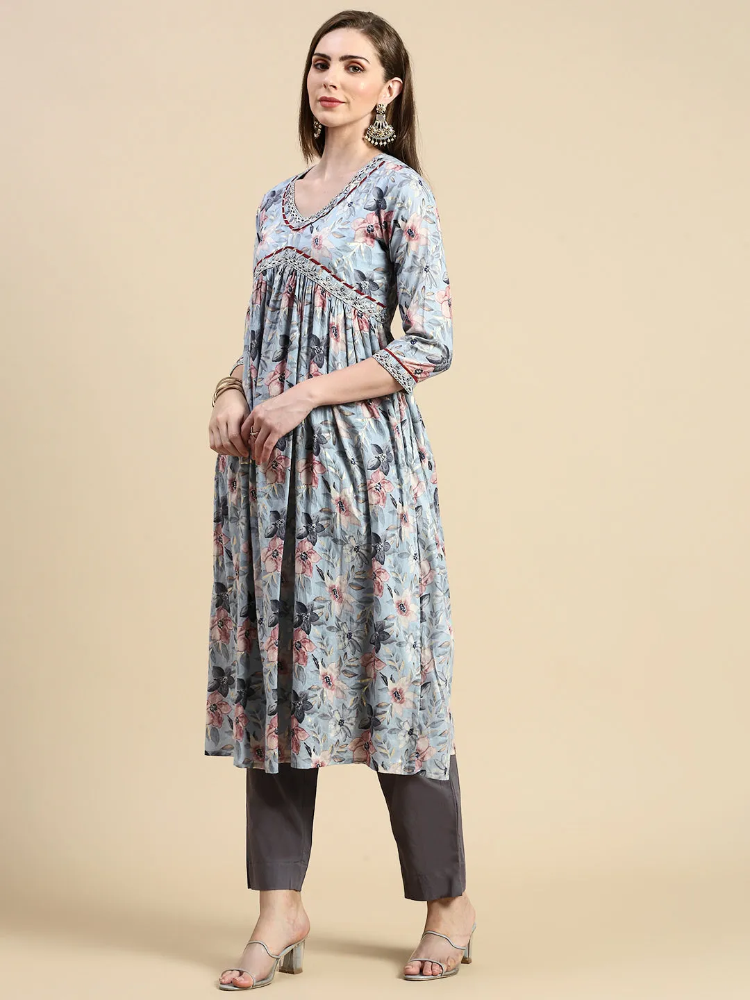 Women Floral Grey Anarkali Kurta Set with Dupatta